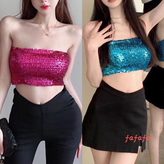 Fafa- เสื้อครอปท็อป เปิดไหล่ แขนกุด ปักเลื่อม สีพื้น สําหรับผู้หญิง