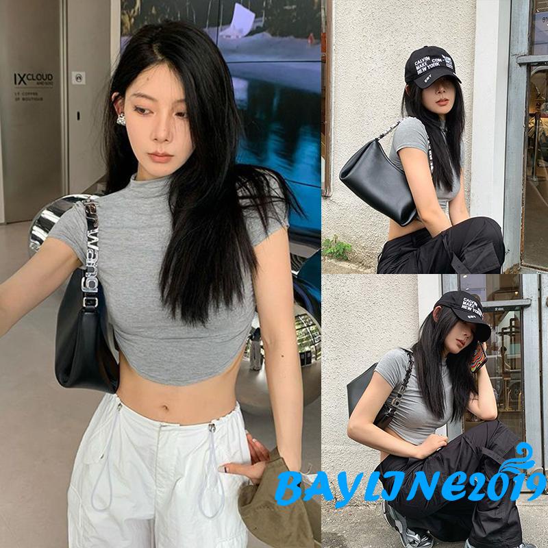 Bay-ผู้หญิงแขนสั้น Crop Tops สีทึบคอจําลองเสื้อยืดฤดูร้อนไม่สม่ําเสมอ Slim Fit เสื้อ Streetwear ราคา ถูกที่สุด ดีลบีเคเค แกลเลอรีภาพที่ 3