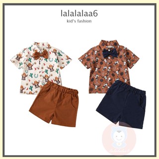 Laa6- เสื้อแขนสั้น คอปก ผูกโบว์ และกางเกงขาสั้น สีพื้น สําหรับเด็กผู้ชาย