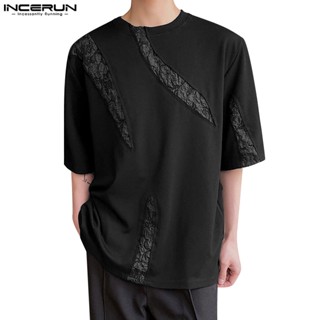 Incerun เสื้อยืดแขนสั้น เย็บปะติดปะต่อกัน สไตล์เกาหลี สําหรับผู้ชาย