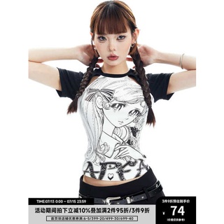 เสื้อเที่ยวกลางคืน เสื้อครอปสาวอวบ APEA manga shoujo พิมพ์ raglan แขนสั้นเสื้อยืดผู้หญิง 2023 ฤดูร้อน Y2K ทารกกระดูกไหปลาร้าตัดด้านบนแน่น