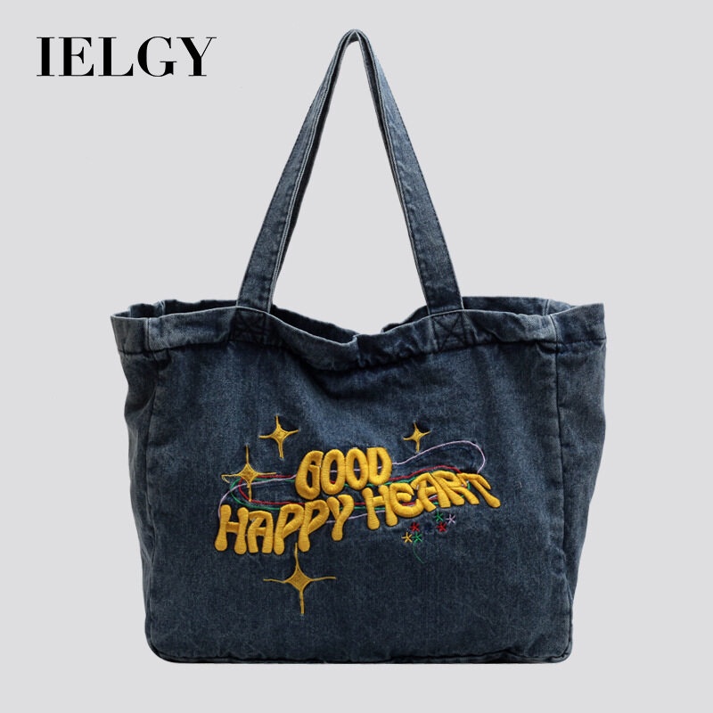 Ielgy Tote bag ผู้หญิงเวอร์ชั่นเกาหลีของผ้ายีนส์ความจุขนาดใหญ่ชั้นรวมกระเป๋าสะพายด้านหลัง
