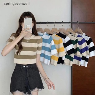 [springevenwell] ใหม่ พร้อมส่ง เสื้อยืดครอปท็อป คอกลม แขนสั้น ผ้าถัก ลายทาง สไตล์วินเทจ สําหรับผู้หญิง