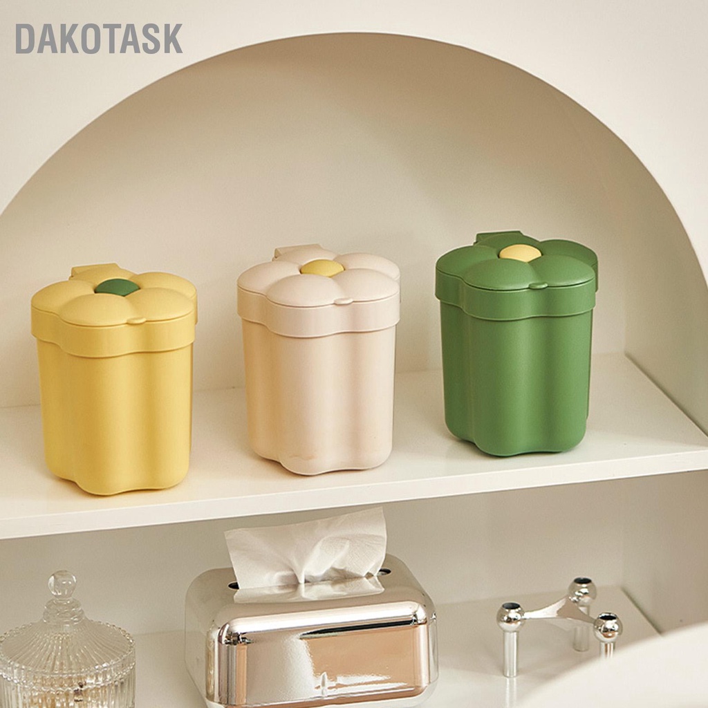 DAKOTASK ถังขยะตั้งโต๊ะพร้อมฝาปิดรูปทรงดอกไม้ถังขยะขนาดเล็กสามารถเปิดตะกร้ากระดาษเก็บของขนาดใหญ่ได้