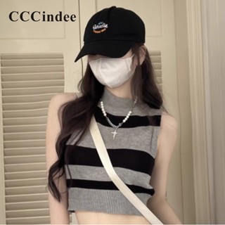 Cccindee เสื้อครอปท็อป เอวสูง ลายทาง สีตัดกัน แฟชั่นใหม่ สําหรับผู้หญิง 2023