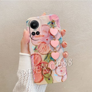 ใหม่ เคสโทรศัพท์มือถือ TPU นิ่ม ปิดด้านหลัง ลายภาพวาดสีน้ํามัน รูปหัวใจ ดอกไม้ พร้อมสายคล้องมือ สําหรับ OPPO Reno10 Pro Plus Pro+ 5G 4G 2023 Reno 10 10Pro Reno10Pro+