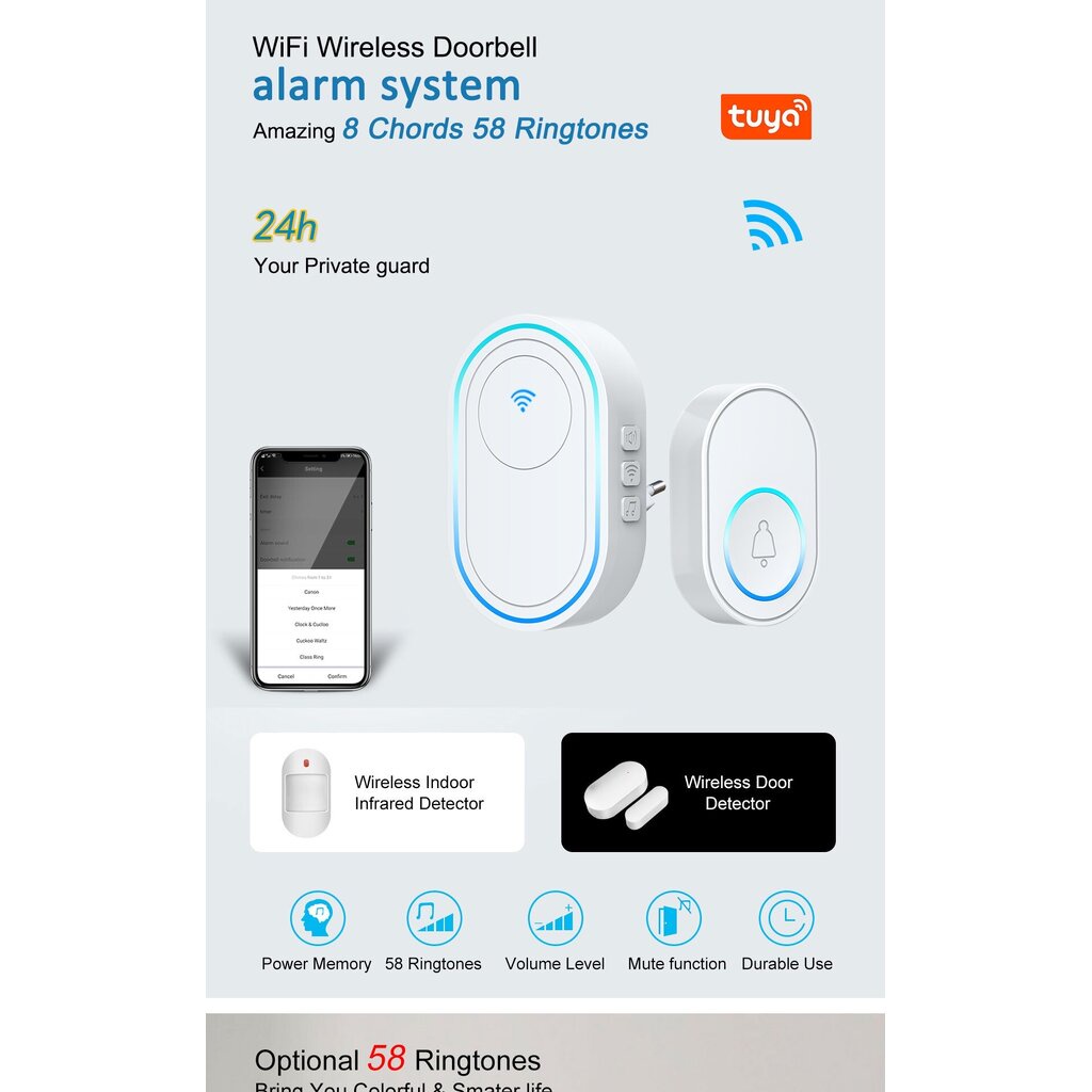 Tuya กริ่งไร้สาย Wi-Fi 58 เมโรดี่ เปลี่ยน เพิ่มลดเสียง แจ้งเตือนเข้าแอป-Wireless Doorbell