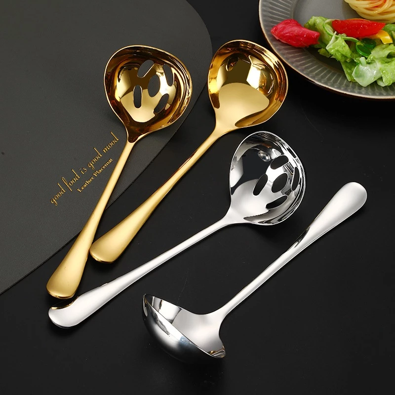 Oukeai ช้อนสเตนเลส 304 แบบหนา ขนาดเล็ก สีทอง สําหรับกรองซุป หม้อไฟ ซอส ใช้ในครัวเรือน