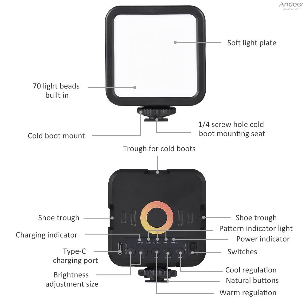 LED แสงถ่ายภาพ โคมไฟถ่ายภาพ หรี่แสงได้ ขนาดเล็ก แบบพกพา โหมดไฟสองสี แบตเตอรี่ 1200mAh พอร์ตชาร์จ USB 3 รองเท้าเย็น 70 ดวง ลูกปัด LED 3000K-9000K อุณหภูมิสี