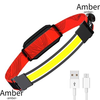 Amber ไฟฉายคาดศีรษะ LED น้ําหนักเบา กันน้ํา ชาร์จ USB สําหรับตกปลา ตั้งแคมป์