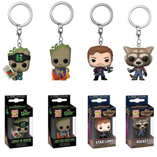 Funko POP ใหม่ พวงกุญแจฟิกเกอร์ อนิเมะ Avengers Raccoon Rocket Groot Guardians of the Galaxy Star-Lord สําหรับเด็ก