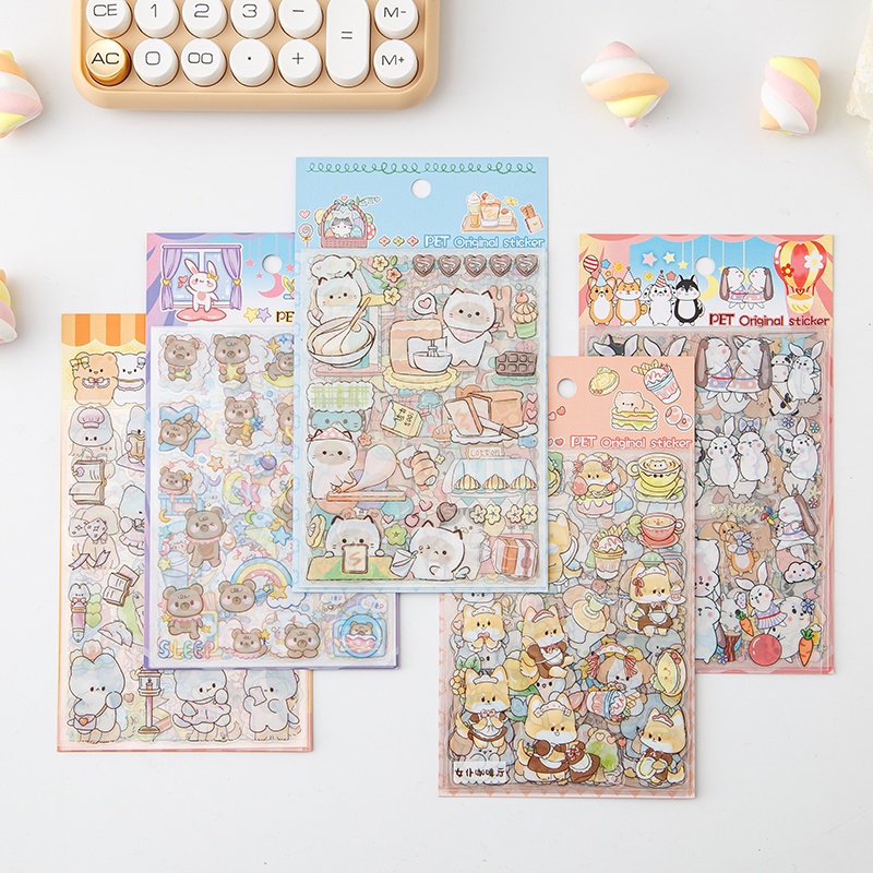 สติกเกอร์ PET ลายการ์ตูนสัตว์เลี้ยงน่ารัก กันน้ํา สําหรับตกแต่ง DIY 8 แผ่น