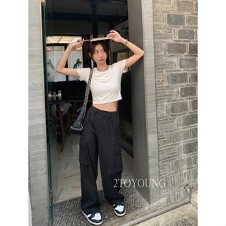 2TOYOUNG Moon กางเกงขายาว คาร์โก้ กางเกง เชือกอเมริกันคลาสิค Cargo pants 2023 NEW 072618 Beautiful Stylish Korean Style High quality A20M06F 36Z230909