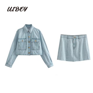 Uibey เสื้อโค้ทคาวบอย + กระโปรงยาวครึ่งตัว เอวสูง สไตล์คาวบอย 7661