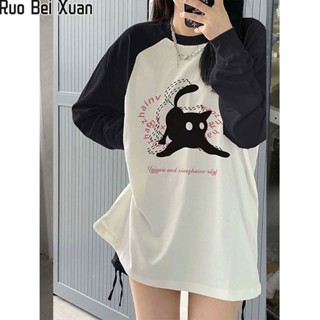 Ruo Bei Xuan สตรีสีตัดกันใหม่เย็บคู่สวม Raglan แขนแขนยาวเสื้อยืด