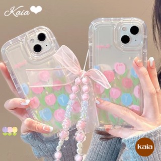 เคสโทรศัพท์มือถือ แบบใส ลายดอกทิวลิป พร้อมสายคล้องลูกปัด สําหรับ Samsung A54 A34 A23 A32 A04 A03s A03 A20s A50 A14 A12 A04s A13 A51 A21s A02s A20 A30 A52 A30s A22 A11 A71 A04E A53 A04s A31