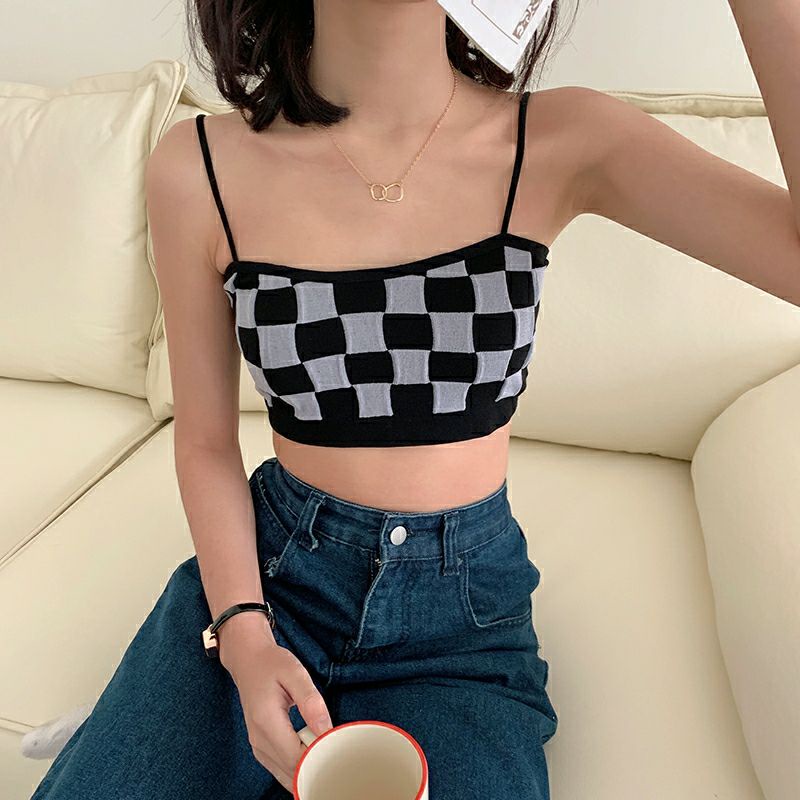 Vogue🌟พร้อมส่ง🌟 เสื้อสายเดี่ยวไหมพรม มีฟองน้ำ ใส่สบายลายตารางสีน่ารัก (FY548) -H-N - รูปที่ 7