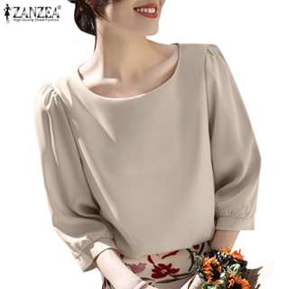 Zanzea เสื้อเบลาส์ คอกลม แขนพัฟ 3/4 สีพื้น สไตล์เกาหลี สําหรับผู้หญิง