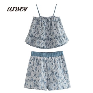 Uibey Jacquard เสื้อแฟชั่น + กางเกงขาสั้น รัดรูป 4699