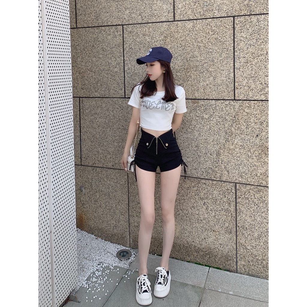 🔥ส่งไวจากไทย🔥 MSD ฤดูร้อนบวกขนาดยีนส์สีดำกางเกงขาสั้นผู้หญิงเอวสูง Drawstring ซิป(S-5XL) - รูปที่ 4