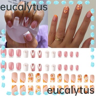 Eucalytus1 เล็บปลอม หัวเหลี่ยม ยาวปานกลาง แบบเต็มรูปแบบ สไตล์ฝรั่งเศส แฟชั่นสําหรับผู้หญิง