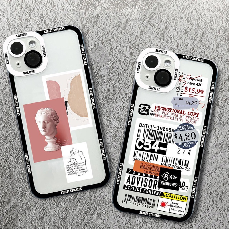 เคสโทรศัพท์มือถือนิ่ม แบบใส ลายรูปปั้นสติกเกอร์บาร์โค้ด สไตล์เรโทร สําหรับ Samsung Galaxy S23 Ultra S22 Plus S21 S20 FE Note 20 Ultra A32 A13 A23 A33 A73 A53 A52 A72