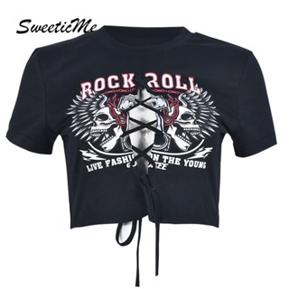 Sweeticme ใหม่ เสื้อยืดลําลอง แขนสั้น คอกลม พิมพ์ลาย เซ็กซี่ แฟชั่นสําหรับสตรี 2023