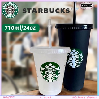 Starbucks ขวดน้ําพลาสติกแข็ง 24 ออนซ์ ใช้ซ้ําได้ พร้อมฝาปิด และหลอดดูด ไร้ BPA 5 ชิ้น