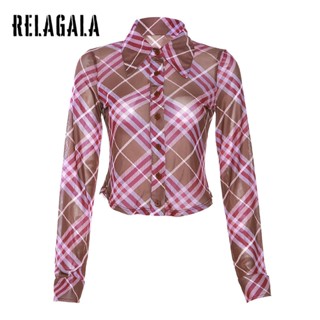 Relagala เสื้อเชิ้ตแขนยาวลําลอง คอปก เข้ารูป สีพื้น แฟชั่นเรียบง่าย สําหรับผู้หญิง 2023