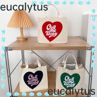 Eucalytus1 กระเป๋าถือ ผ้าฝ้าย ทรงโท้ท ขนาดเล็ก ลายหัวใจ สําหรับใส่ปิกนิก