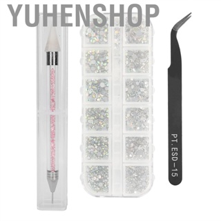 Yuhenshop Nail Art Rhinestone Kit Curved Tweezer Silicone Dotting Pen Manicure Decor Set Tool Multi Shapes Glass Crystal Rhinestones