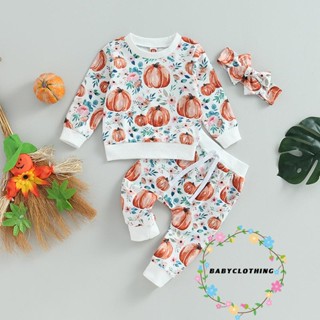 Babyclothes- ชุดเสื้อกันหนาวแขนยาว คอกลม พิมพ์ลายฟักทอง และดอกไม้ และกางเกง ที่คาดผม สําหรับเด็กวัยหัดเดิน 3 ชิ้น