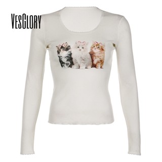 Vesglory เสื้อครอปท็อป แขนยาว คอกลม พิมพ์ลาย สีพื้น ทรงสลิมฟิต แฟชั่นสําหรับผู้หญิง 2023