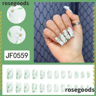 Rosegoods1 เล็บปลอม ลายดอกไม้ สีขาว สไตล์ฝรั่งเศส สําหรับตกแต่งเล็บ 24 ชิ้น