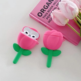 เคสหูฟัง ซิลิโคนนิ่ม ลายดอกไม้ ดอกทิวลิป สีชมพู สําหรับ Apple Airpods 1 2 3 Pro