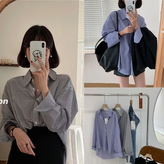 💖Dahong 💖เสื้อแฟชั่น เสื้อเชิ้ตสีน้ําเงิน ลายทาง สำหรับผู้หญิง ทรงหลวม แฟชั่นฤดูใบไม้ผลิ และฤดูใบไม้ร่วง