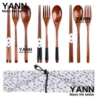 Yann1 ชุดช้อนส้อม ตะเกียบไม้ สไตล์ญี่ปุ่น พร้อมกระเป๋า ใช้ซ้ําได้ แบบพกพา 3 ชิ้น