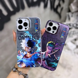 เคสป้องกันโทรศัพท์มือถือ ชุบไฟฟ้า ลายวันพีช ลูฟี่ สีเงิน สําหรับ iPhone 11 14 12 13 Pro Max