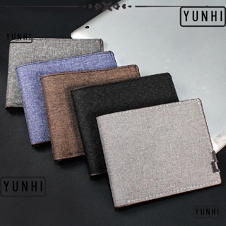 Yunhi กระเป๋าสตางค์ ผ้าแคนวาส ใบสั้น ใส่เหรียญได้หลายตําแหน่ง สําหรับผู้ชาย นักเรียน