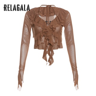 Relagala ใหม่ เสื้อยืดลําลอง แขนยาว คอวี ผ้าตาข่าย สีพื้น เซ็กซี่ แฟชั่นสําหรับสตรี 2023