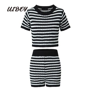 Uibey เสื้อกันหนาว คอกลม แขนสั้น ผ้าถัก + กางเกงขาสั้น 1096