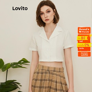 Lovito เสื้อเบลาส์ ครอป แขนสั้น คอปก มีกระเป๋า แบบเรียบ สไตล์เพร็พพี่ L19D015 (สีขาว)