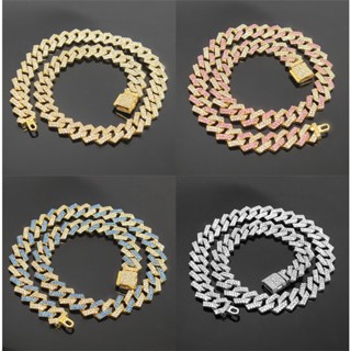 Cuban Necklace Luxury Shiny Hip Hop Rock Link Chain Multicolor Bracelet Fashion Diamond 12mm Width Inlaid Rhinestone LY