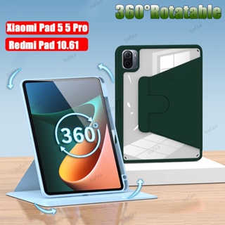 เคส สําหรับ Xiaomi Redmi Pad 10.61 นิ้ว Xiaomi Pad 5 Pro 11 นิ้ว 720°เคสหนัง PU อะคริลิคแข็ง หมุนได้ พร้อมที่ใส่ดินสอ