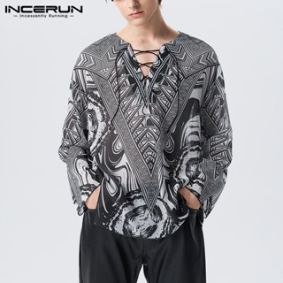 Incerun เสื้อยืด คอวี แขนยาว ผ้าชีฟอง พิมพ์ลาย