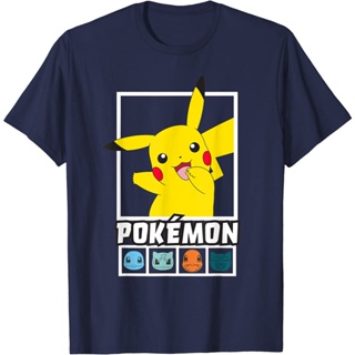 เสื้อยืดแขนสั้นเสื้อยืดผ้าฝ้ายพรีเมี่ยม เสื้อยืด พิมพ์ลายโลโก้ Pokemon Pikachu Group Box UpS-5XL