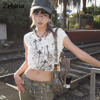 Zebina เสื้อยืดแขนสั้นพิมพ์ลายขวางคอกลมผู้หญิงสไตล์ยุโรปและอเมริกาแบบสบาย ๆ