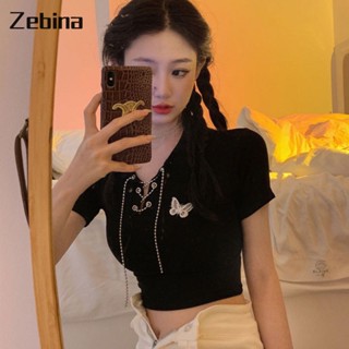 Zebina เสื้อแจ็คเก็ตเอวสูงแขนสั้นสีดำของใหม่