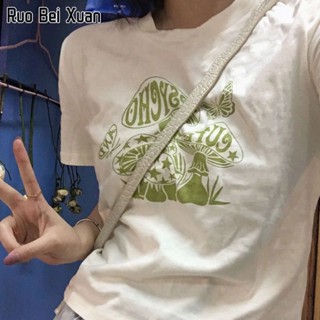 RUO BEI XUAN เสื้อยืดสตรีฤดูร้อนใหม่ทรงสลิมพอดีตัวย้อนยุคสั้นด้านบน