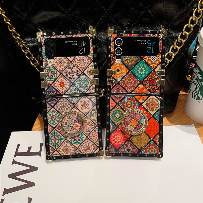 เคสโทรศัพท์มือถือ Pc แบบแข็ง ทรงสี่เหลี่ยม ลายดอกไม้ สไตล์โบฮีเมียนวินเทจ สําหรับ Samsung Z Flip 4 Z Flip 3
